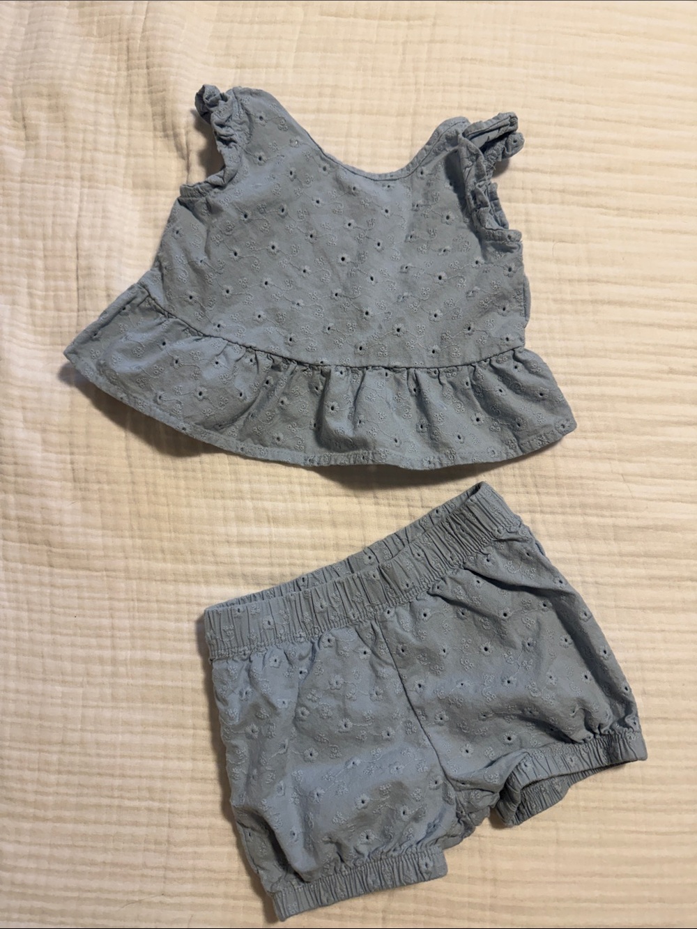 Light Blue Eyelet Peplum Top & Shorts Matching Set for Kids